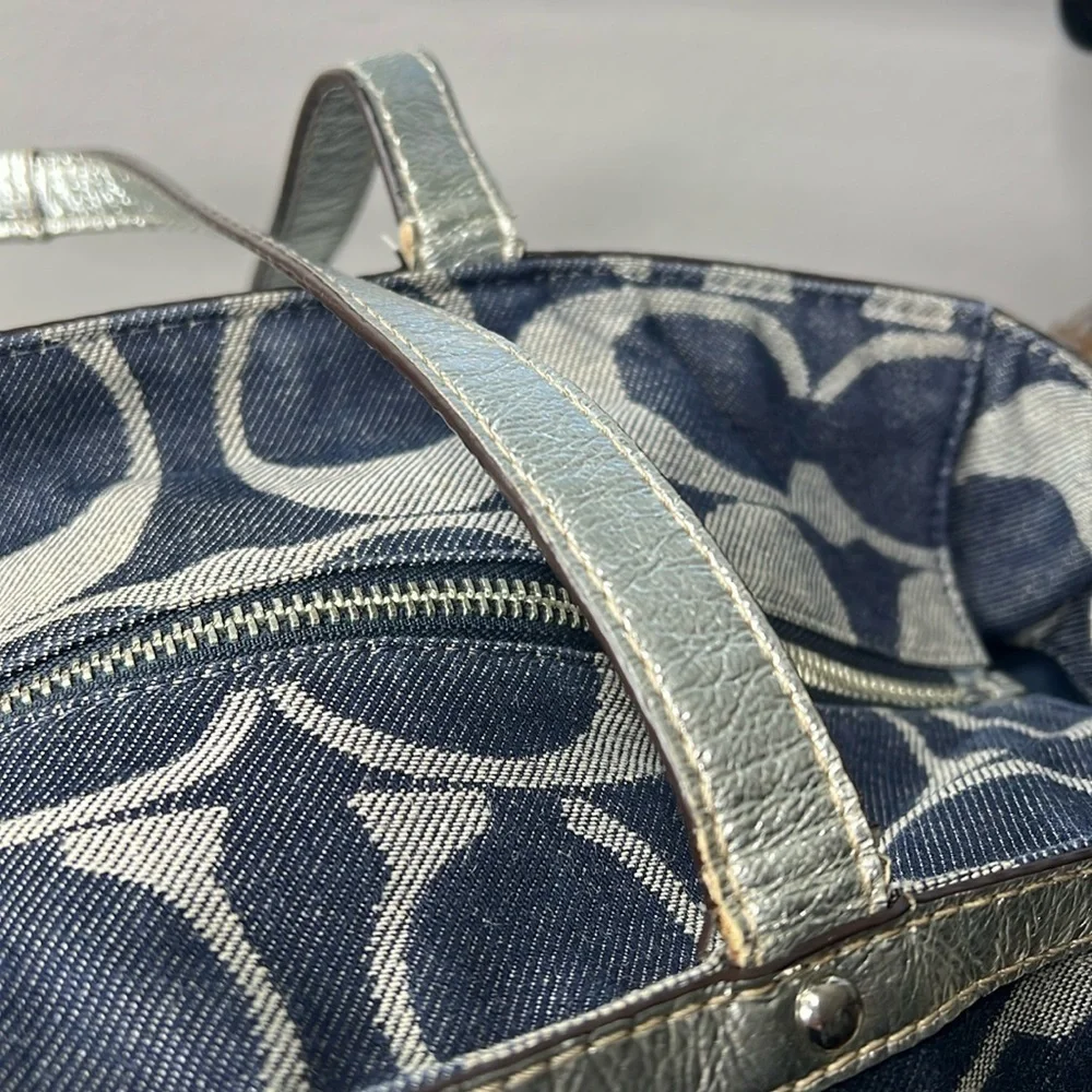 Coach XL Denim Blue and Silver Leather Zip Top Diaper Tote Travel Bag